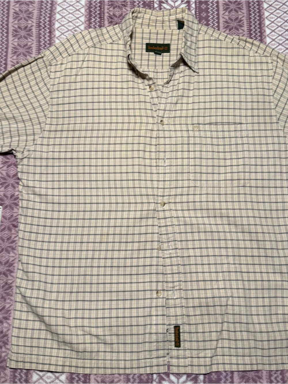 Timberland Men's Short-Sleeve Plaid Button-Down Shirt in Beige and Blue